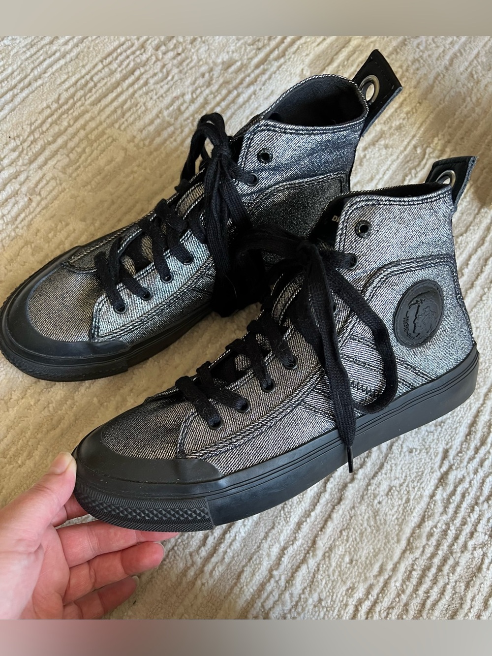 Diesel High-Top Metallic Silver Canvas Sneakers with Black Trim